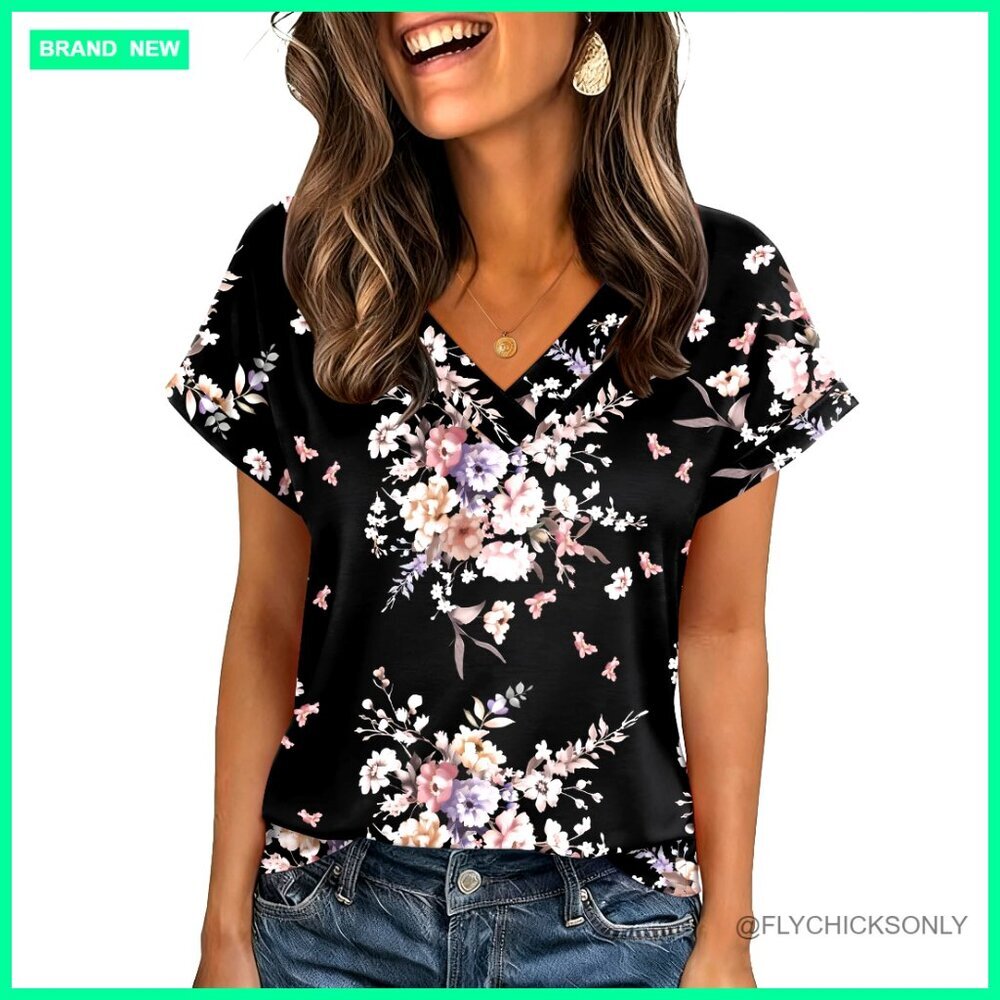 V-Neck Short Sleeve Blouse, Rolled Sleeves, Polyester Spandex, Business Casual